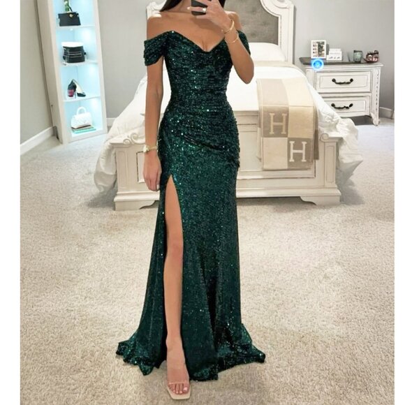 Emerald Green Sequined Off the Shoulder Formal Wedding Prom Dress 2 - Picture 2 of 4